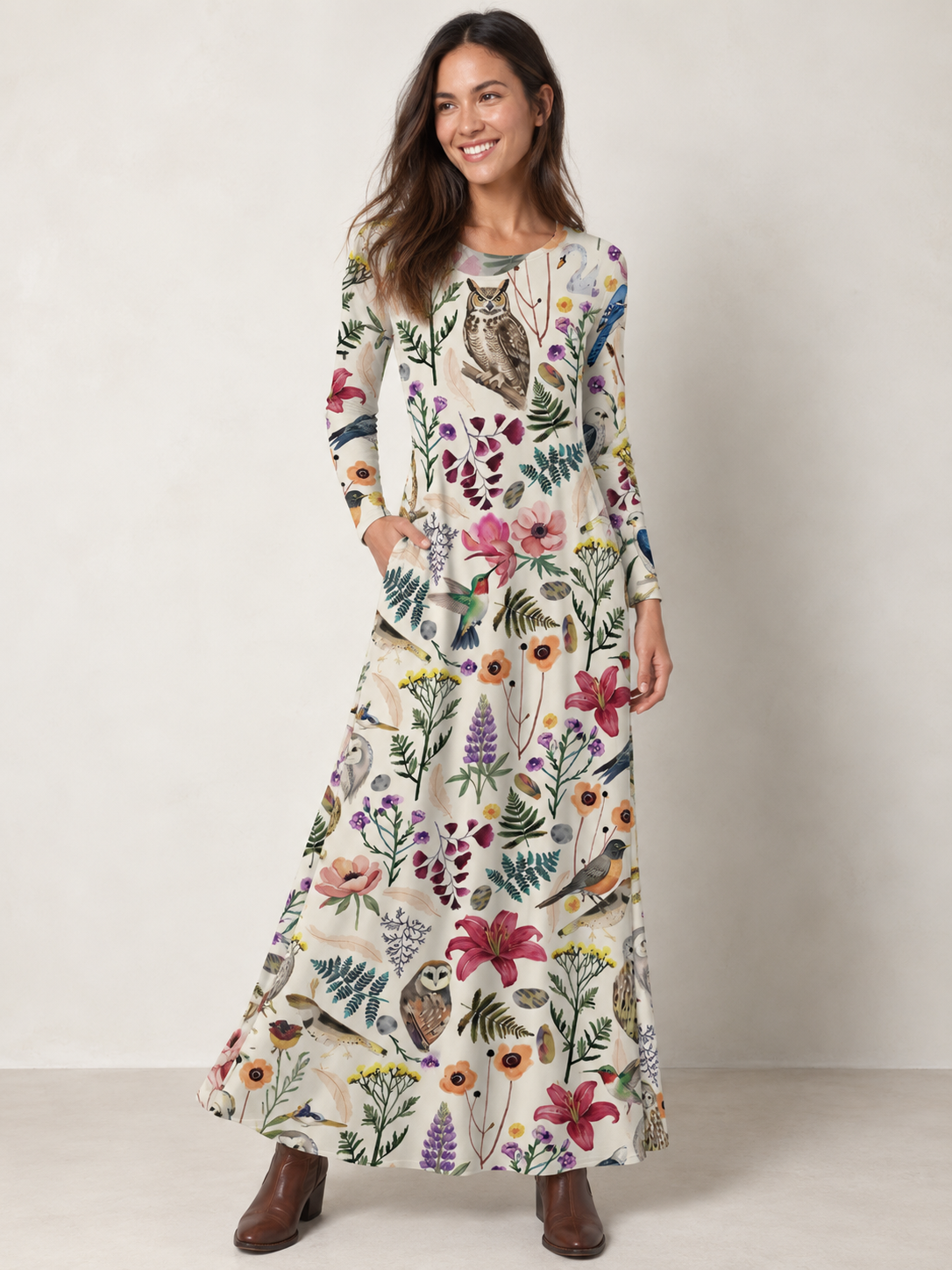 Whimsical Woodland Birds Wildflowers Print Soft-Touch Stretch Knit Long Sleeve Maxi Dress with Pockets