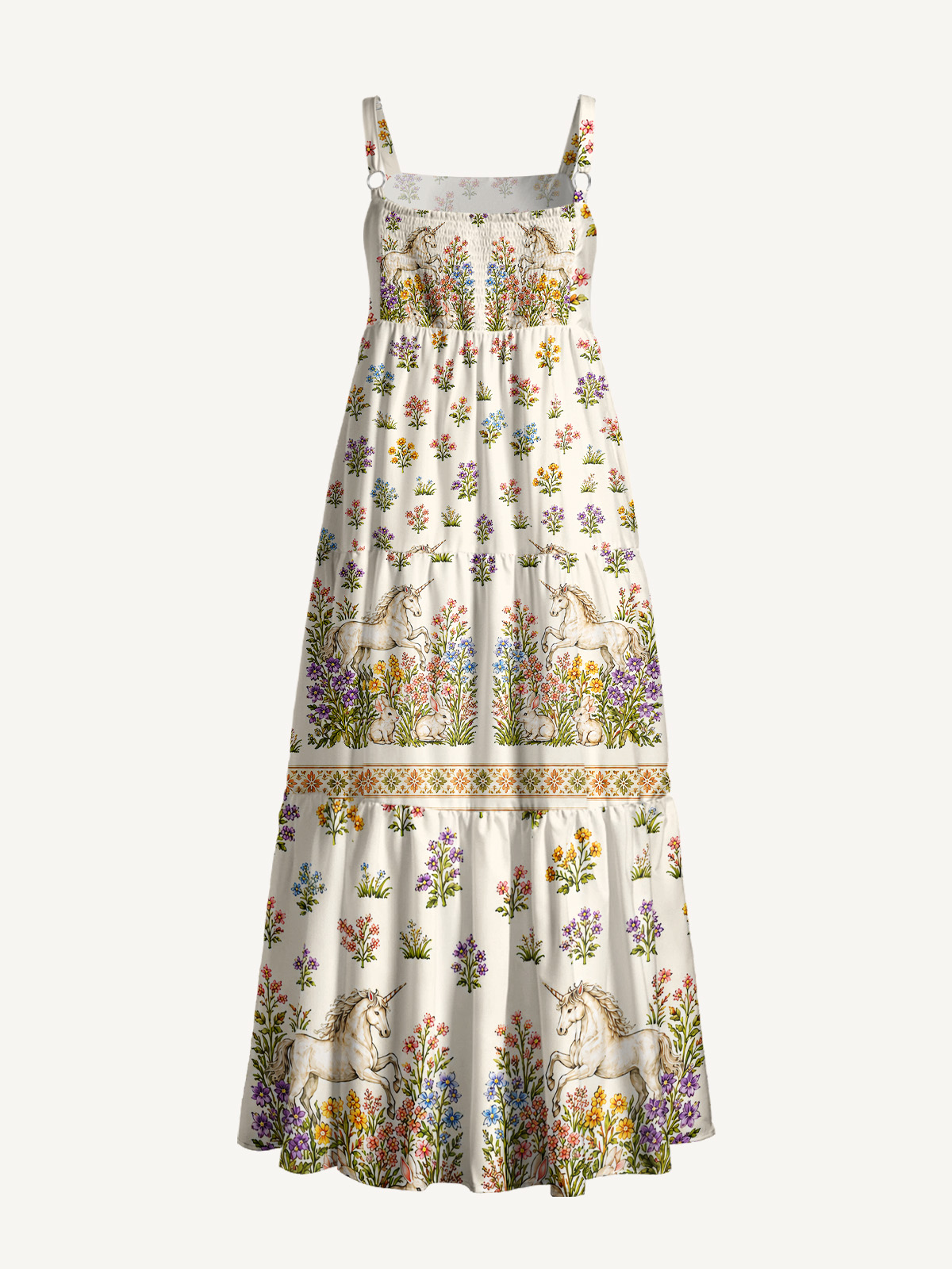 Enchanted Unicorn Garden Print Wide Straps Maxi Dress With Pockets