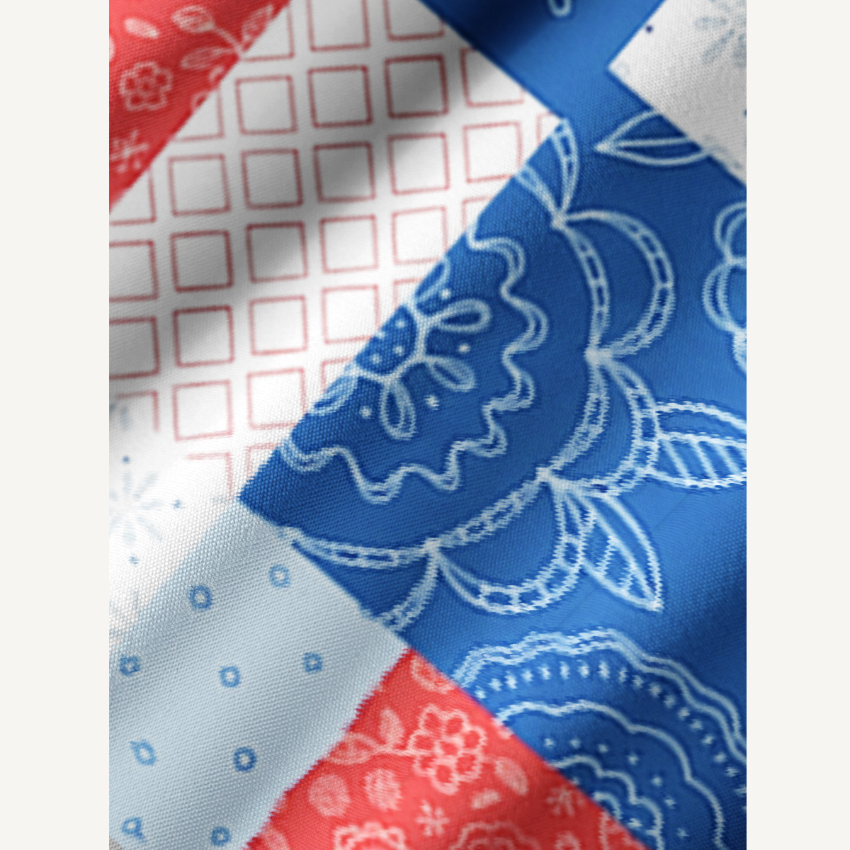 Patriotic Patchwork Print Boho Tie‑Neck Smock Mini Dress
