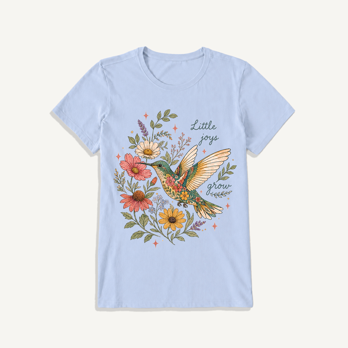 Floral Hummingbird Garden Print Crew Neck Cotton Tee