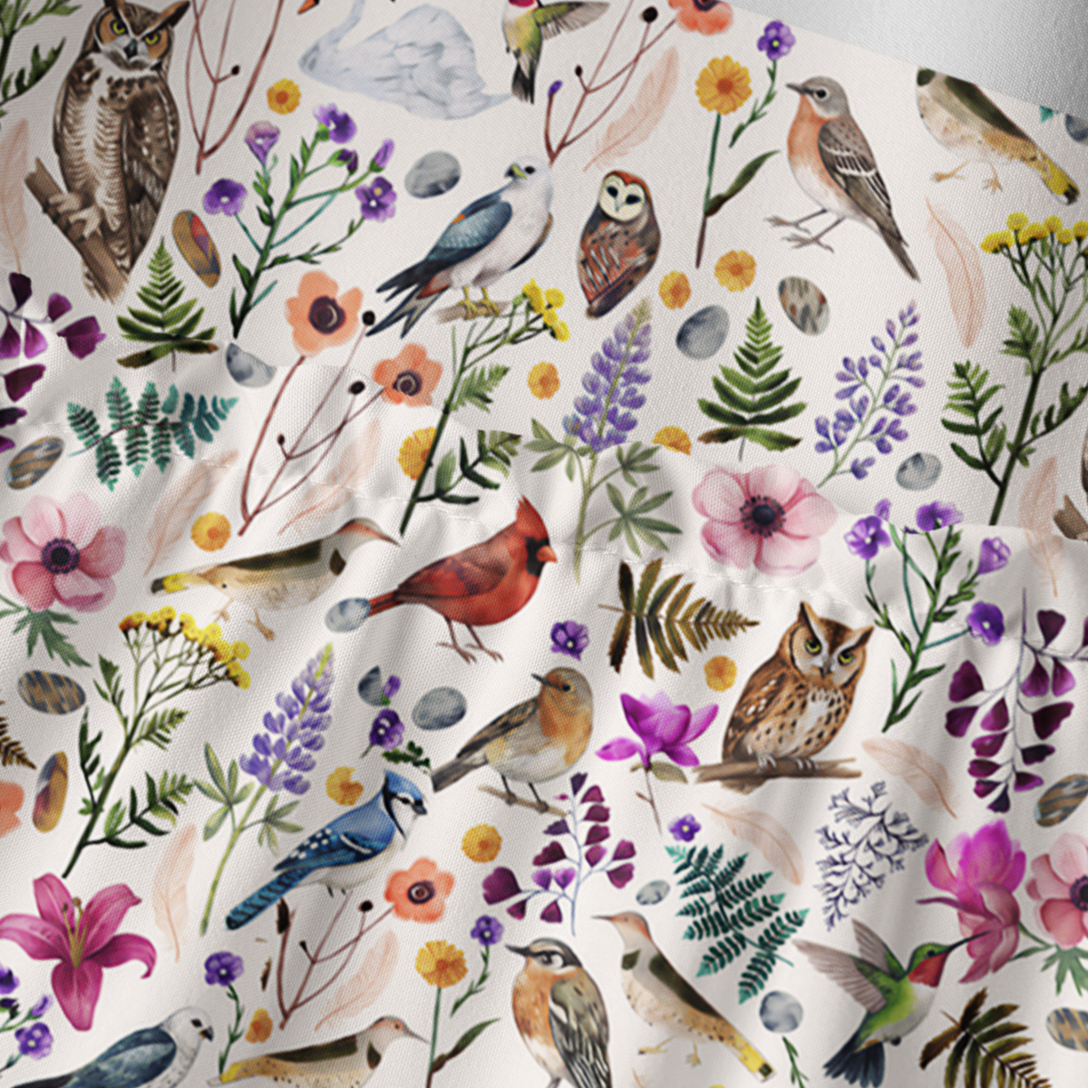 Whimsical Woodland Birds Wildflowers Square Neckline Cap Sleeve Maxi Dress