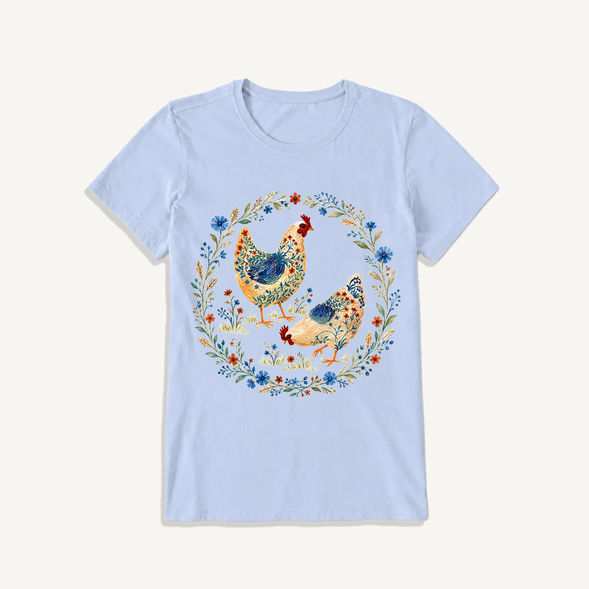 Blue Floral Hens Garden Print Crew Neck Cotton Tee