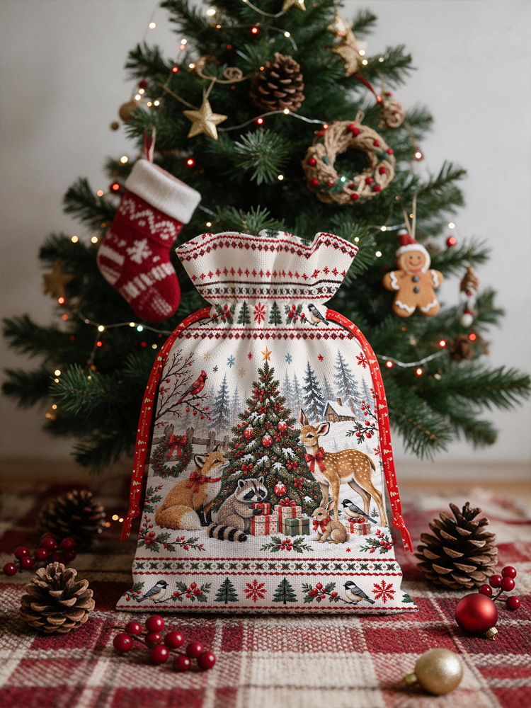 Cottagecore Christmas Woodland Animals Reusable Drawstring Gift Bag