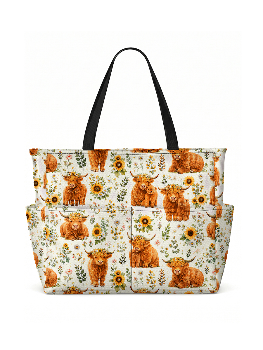 Spring Highland Cow Floral Print Tote Bag
