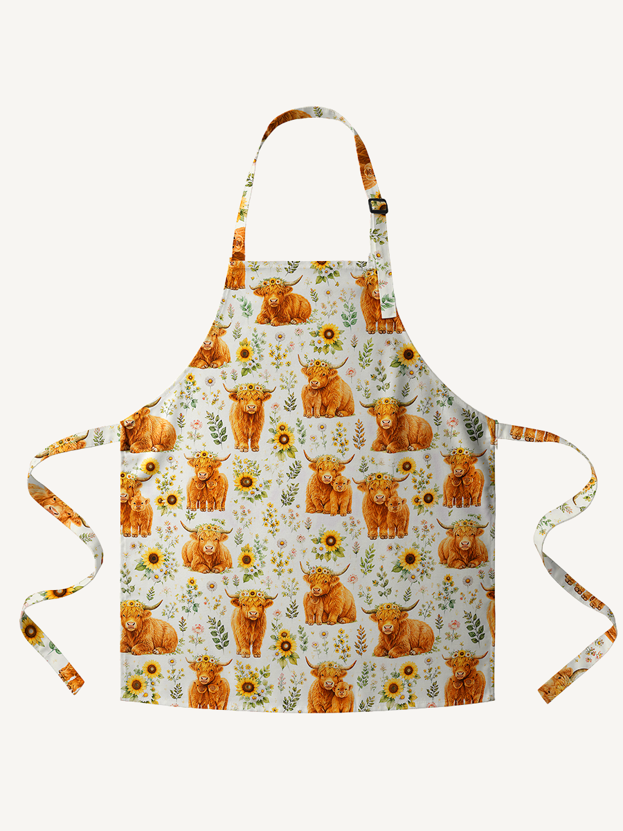 Spring Highland Cow Floral Print Adjustable Apron