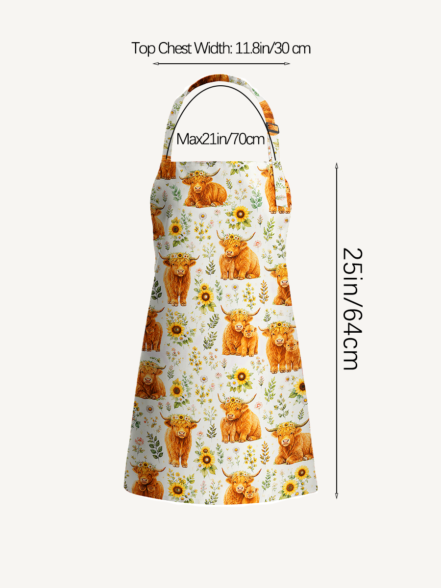 Spring Highland Cow Floral Print Adjustable Apron