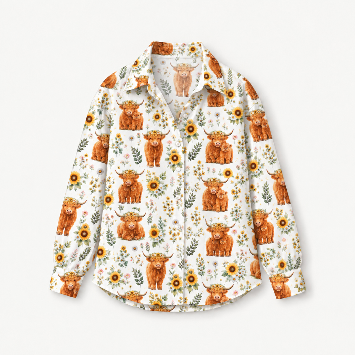 Spring Highland Cow Floral Long-Sleeve Button-Up Shirt