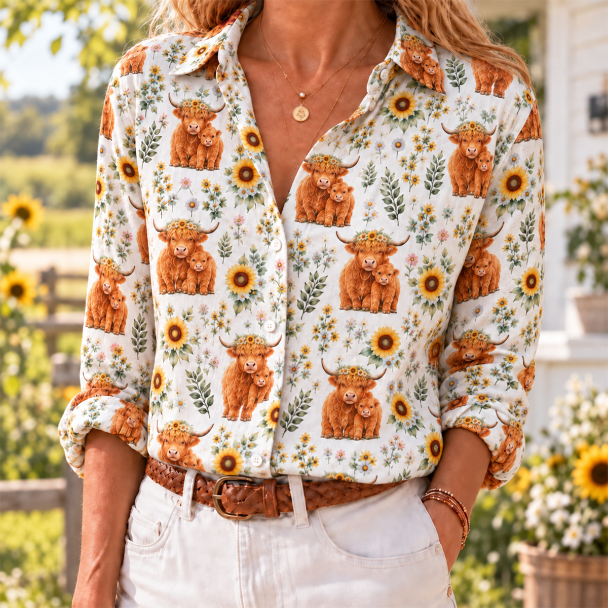 Spring Highland Cow Floral Long-Sleeve Button-Up Shirt
