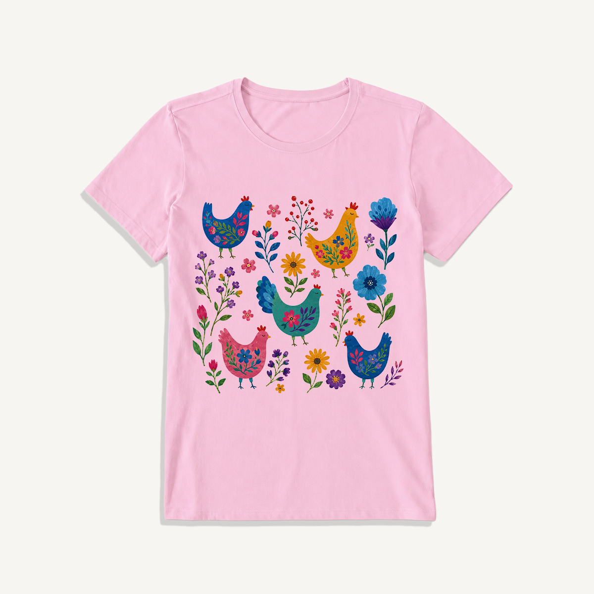 Colorful Folk Hens Print Crew Neck Cotton Tee
