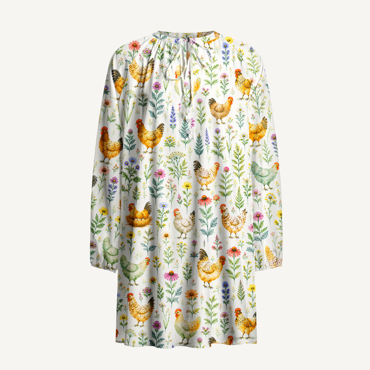 Watercolor Chickens Leaves Print Boho Tie‑Neck Smock Mini Dress
