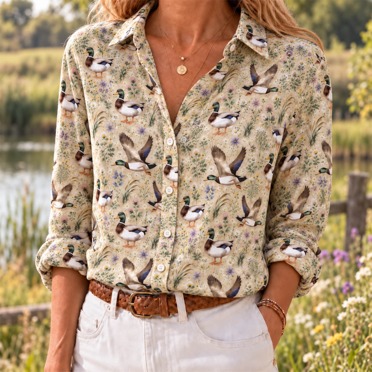 Watercolor Mallard Ducks Long-Sleeve Button-Up Shirt