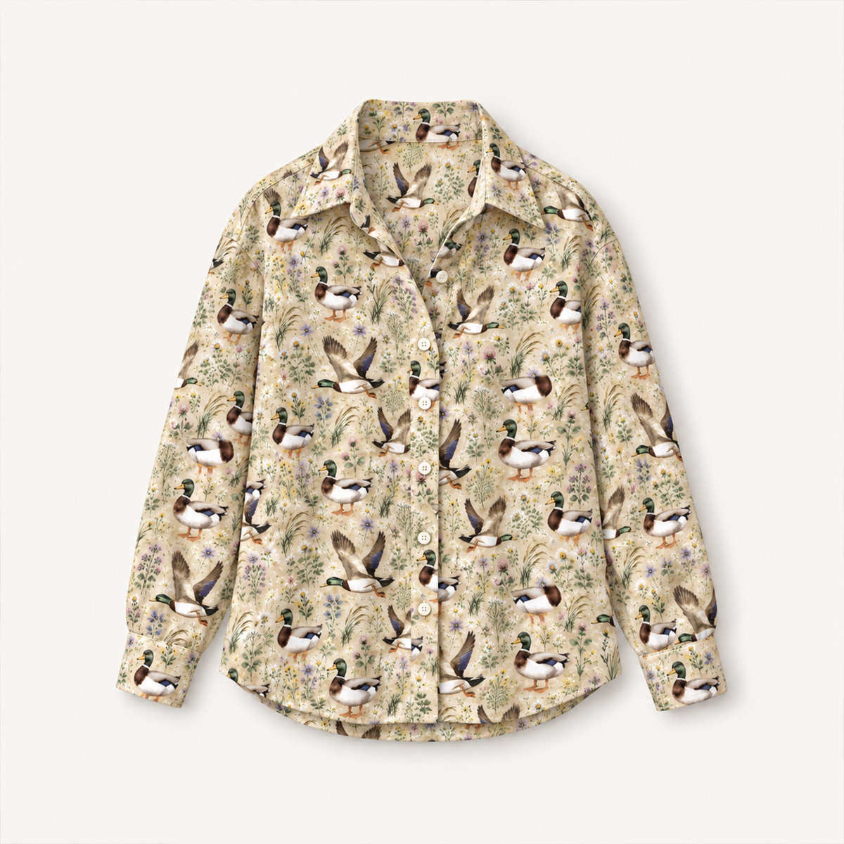 Watercolor Mallard Ducks Long-Sleeve Button-Up Shirt