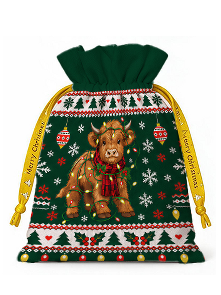 Christmas Cow Snowflake Reusable Drawstring Gift Bag