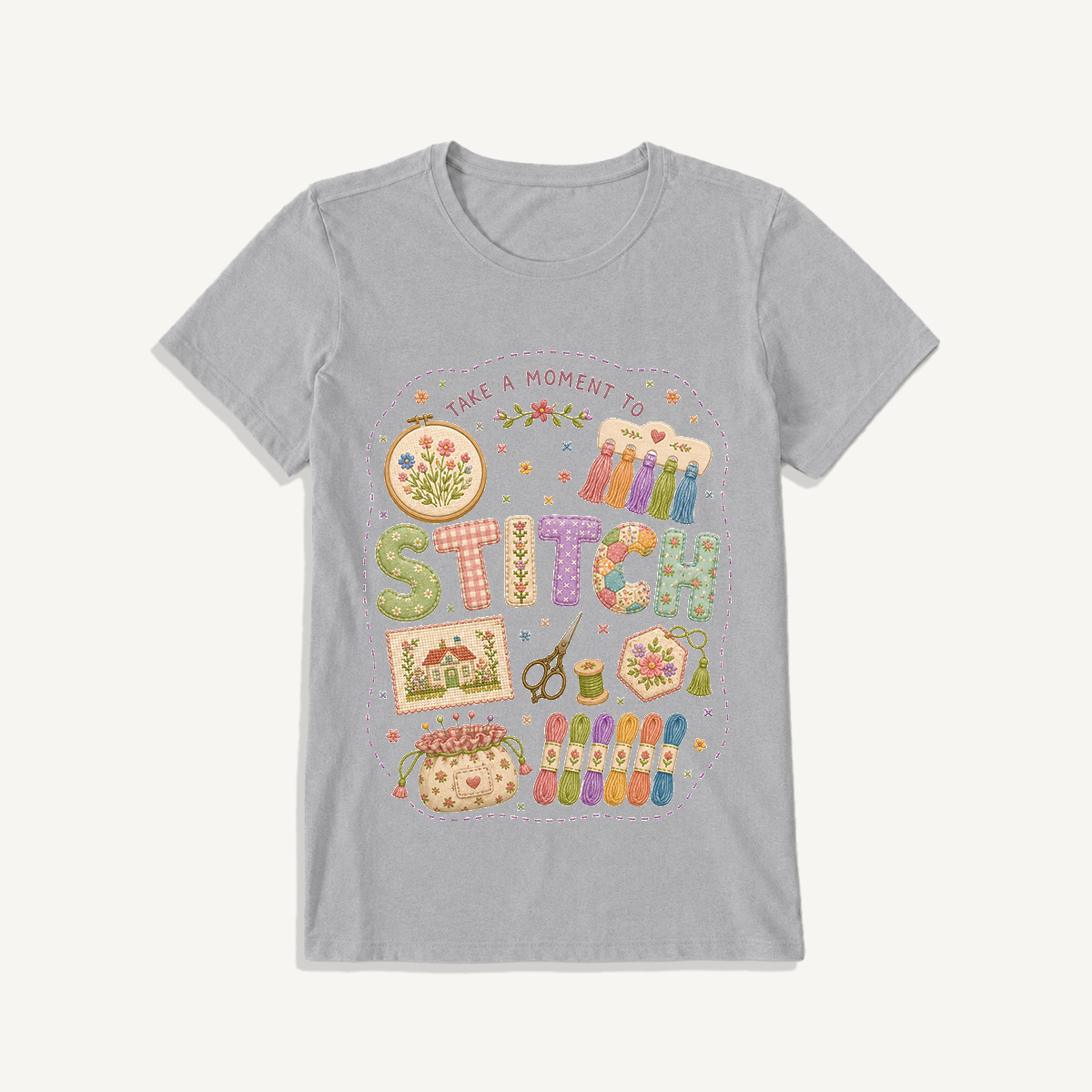 Stitching Elements Print Crew Neck Cotton Tee