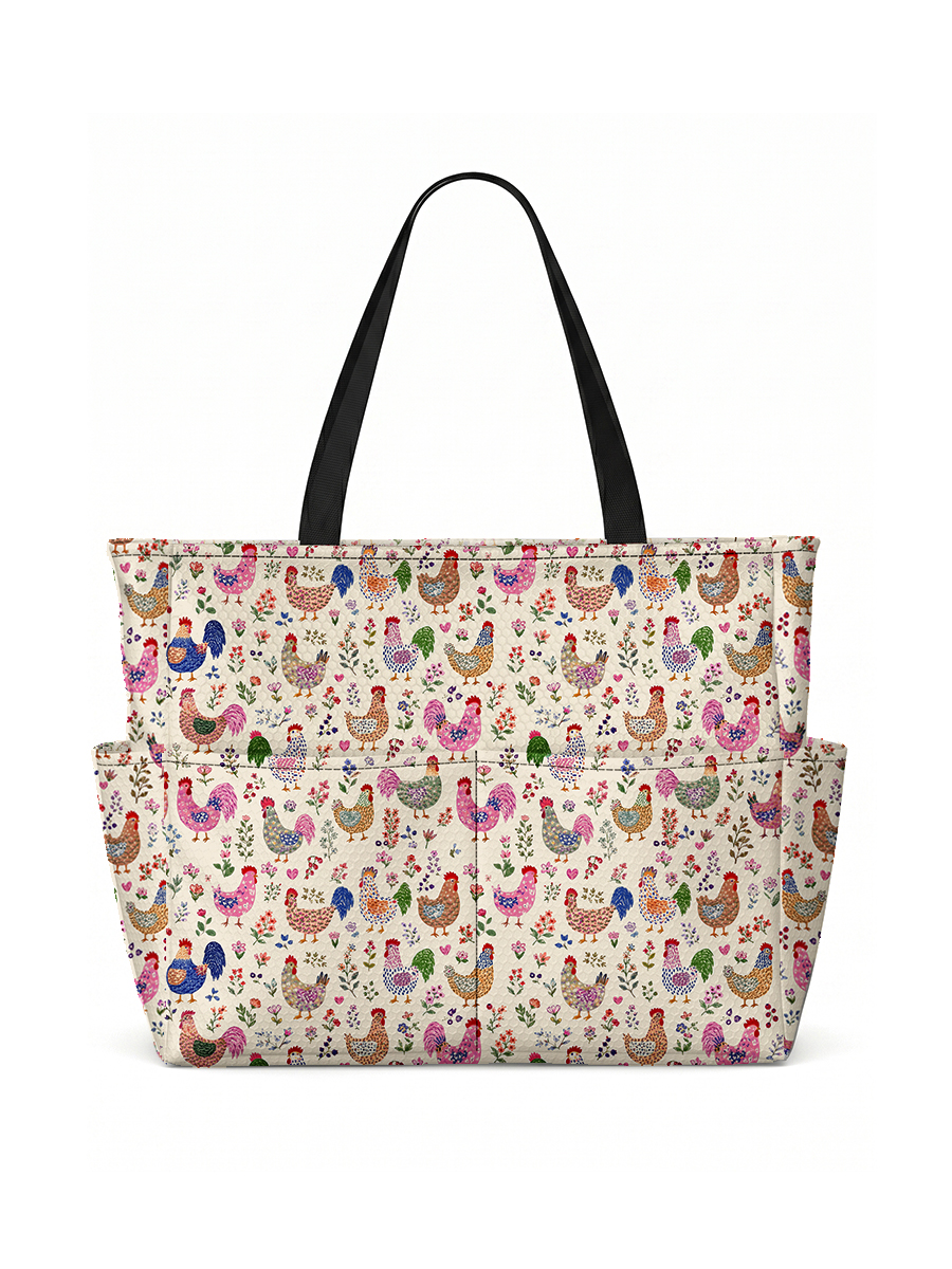 Colorful Farm Chickens Print Tote Bag