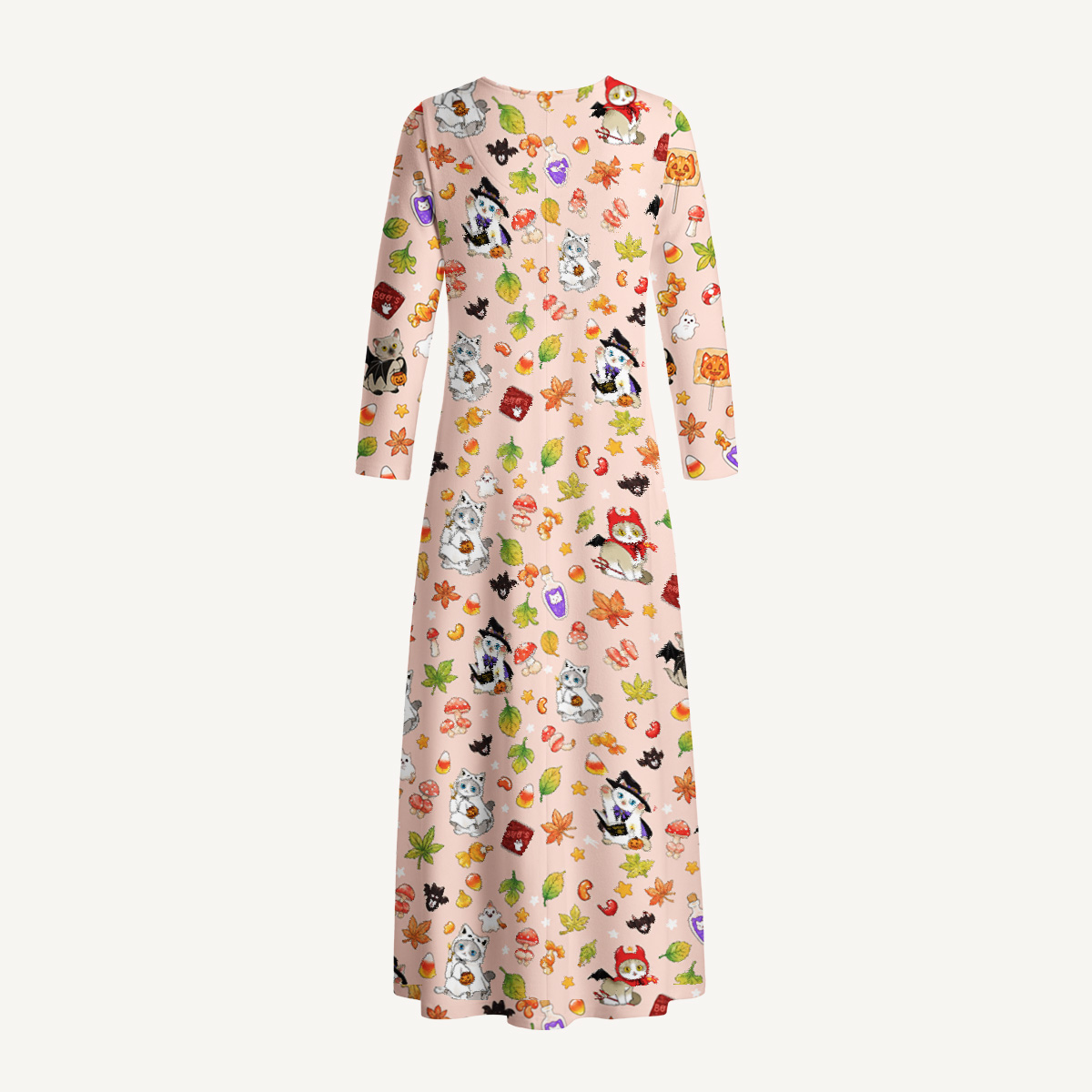 Autumn Forest Critter Halloween Print Soft-Touch Stretch Knit Long Sleeve Maxi Dress with Pockets
