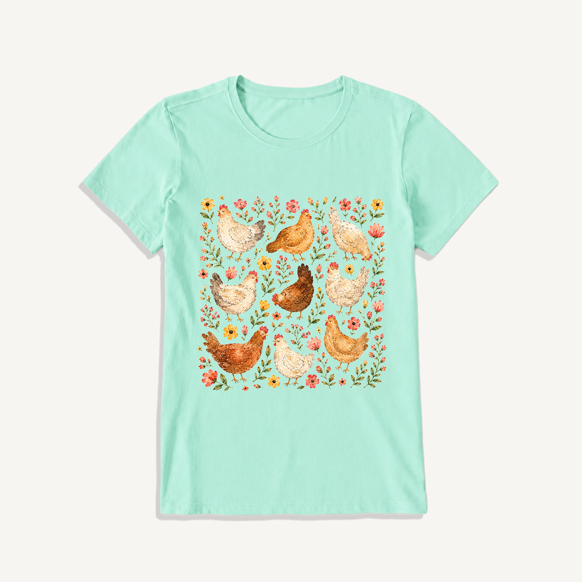 Country Chicken Wildflower Garden Print Crew Neck Cotton Tee