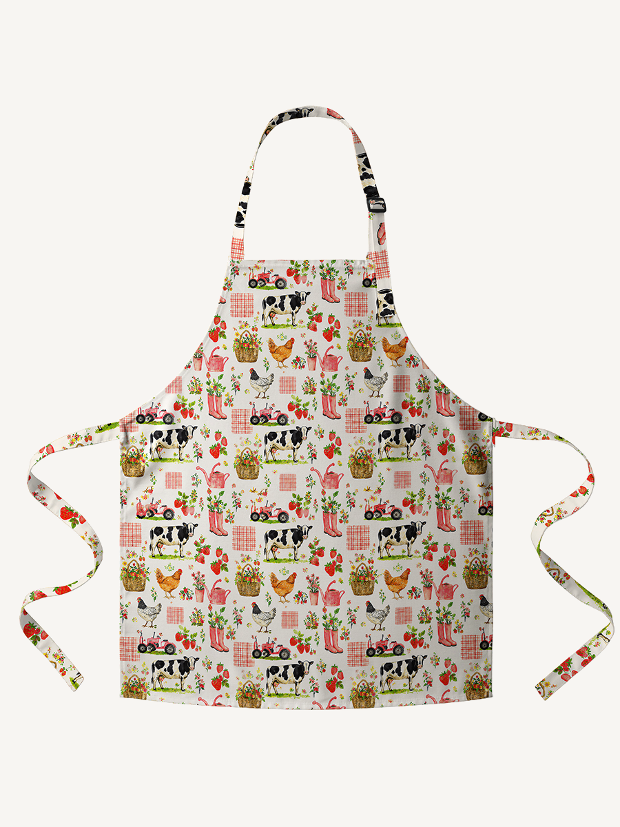 Watercolor Pink Farm Chicken Print Adjustable Apron