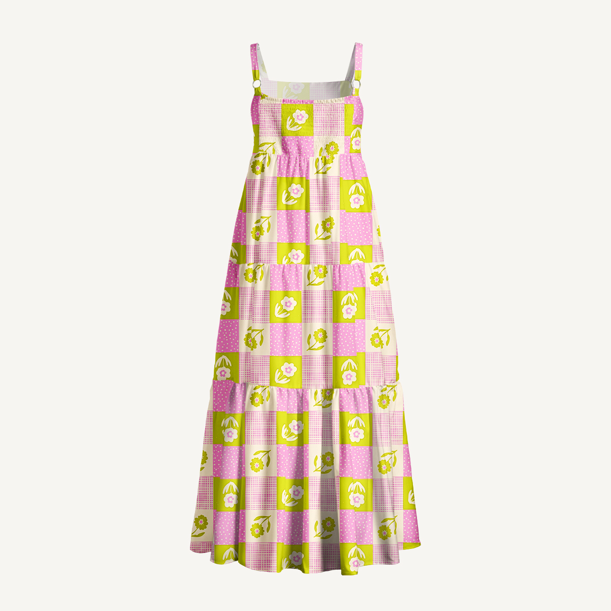 Spring Picnic Patchwor Print Wide Straps Maxi Dress With Pockets