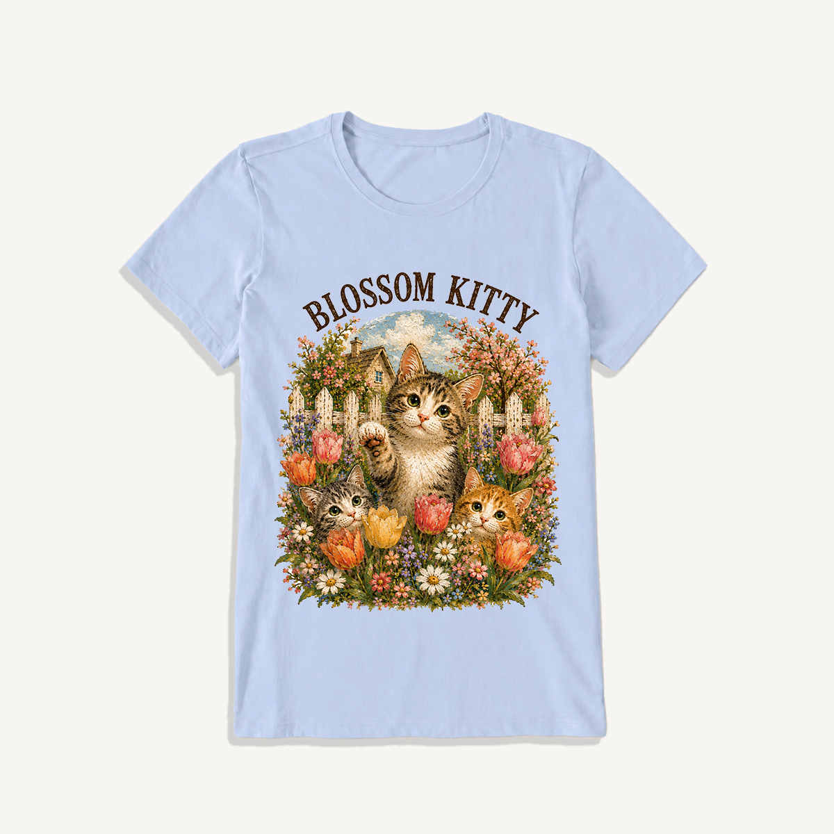 Blossom Kitty Cottage Print Crew Neck Cotton Tee