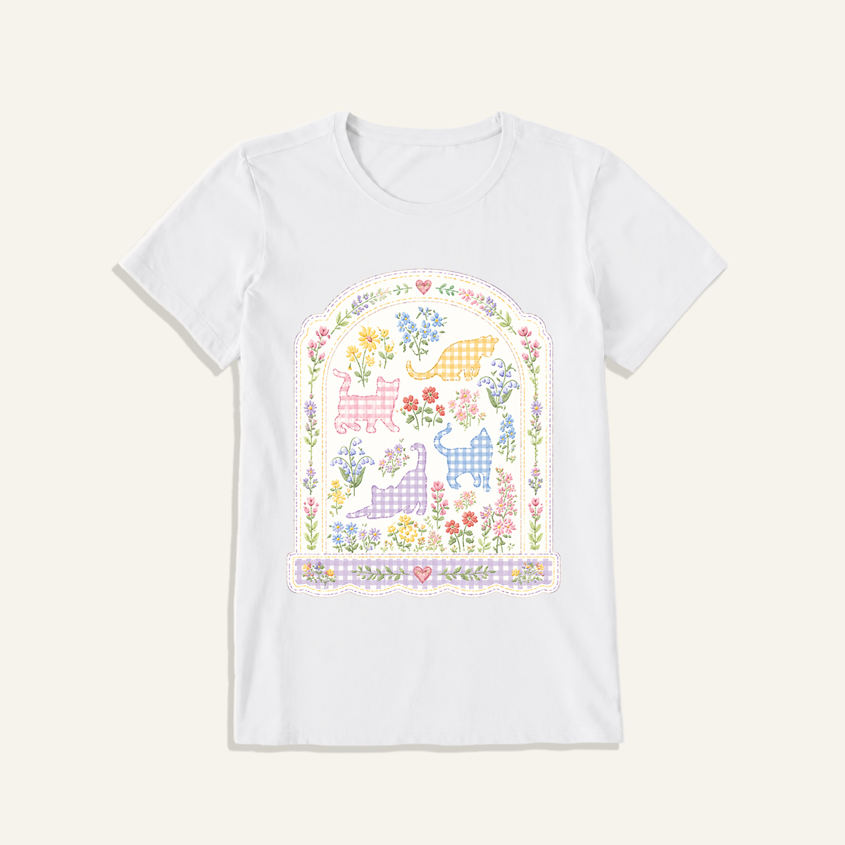 Gingham Cats Arch Frame Print Crew Neck Cotton Tee