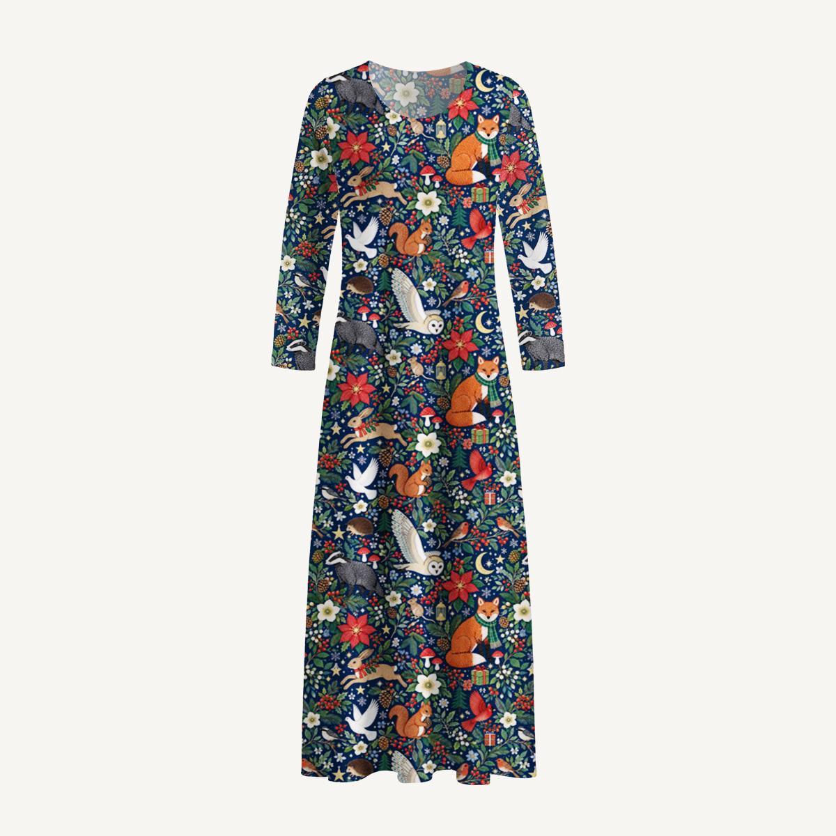 Enchanted Christmas Forest Friends Print Soft-Touch Stretch Knit Long Sleeve Maxi Dress with Pockets