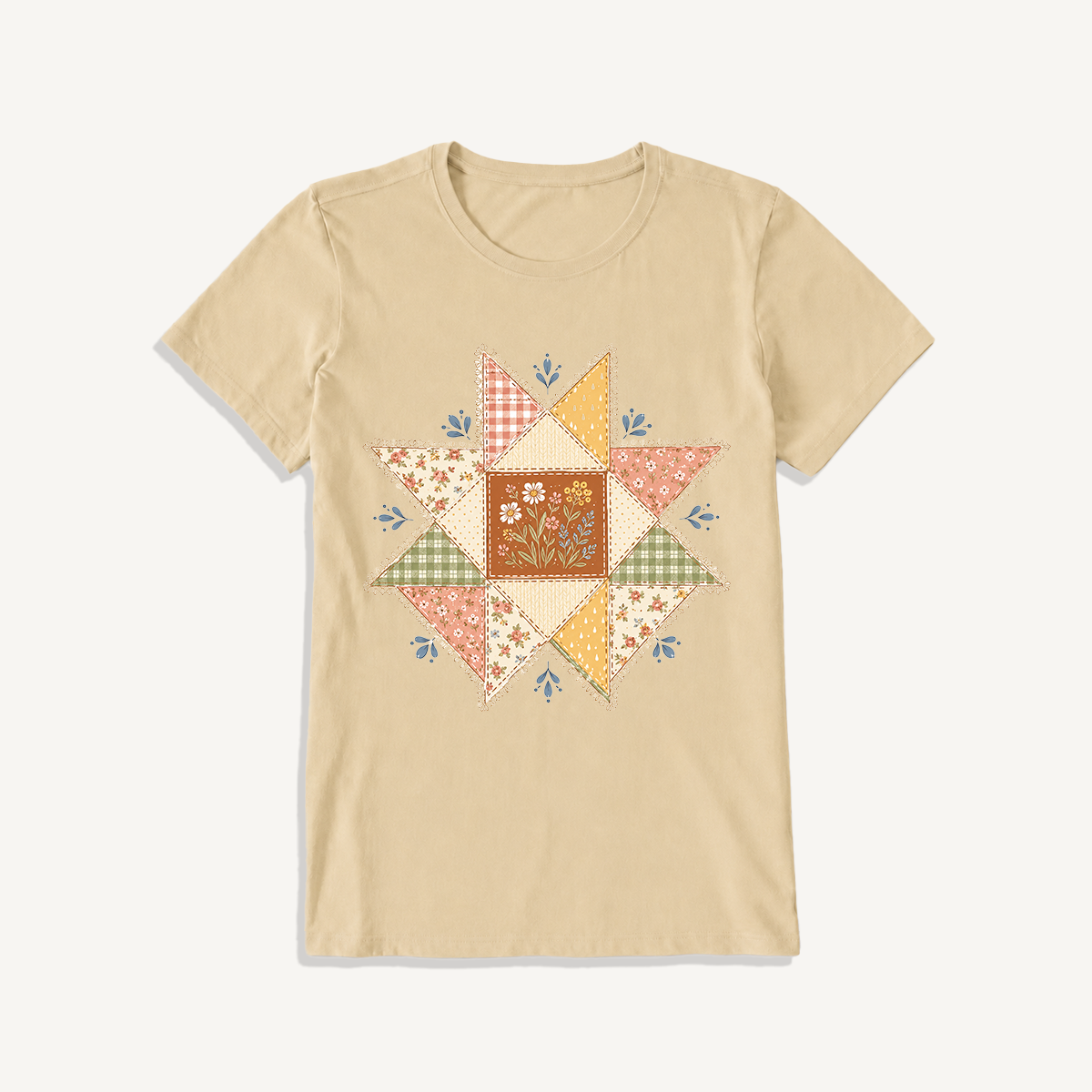Vintage Quilt Star Meadow Print Crew Neck Cotton Tee