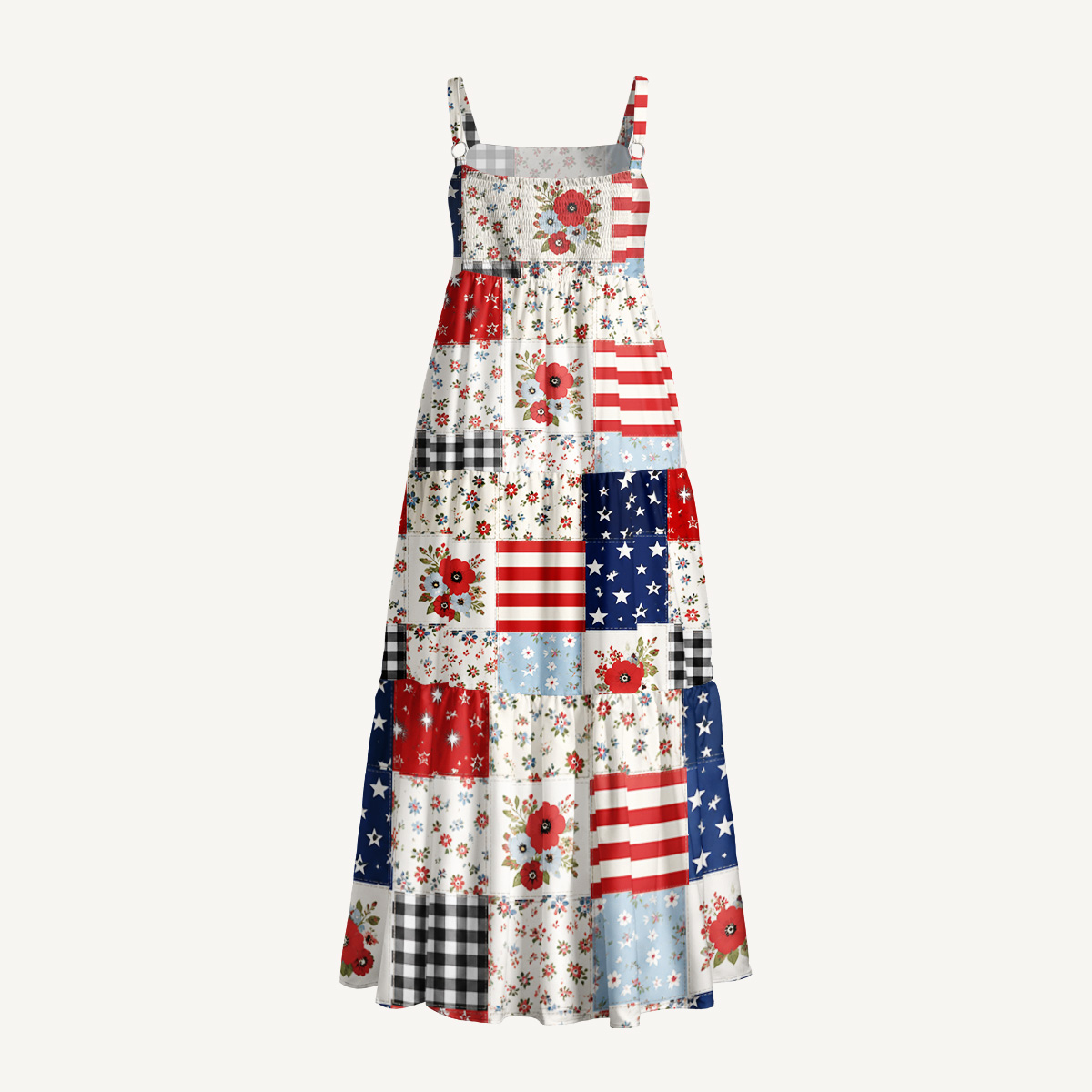 Flower Americana Patchwork Print Wide Straps Maxi Dress With