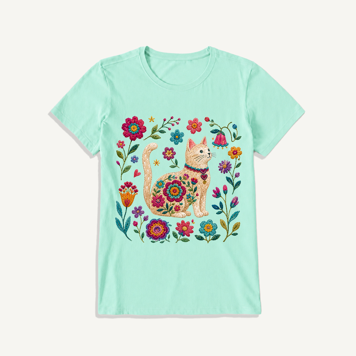 Embroidered Floral Cat Print Crew Neck Cotton Tee