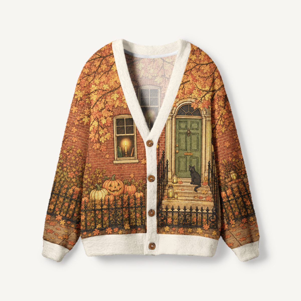 Golden Autumn Porch Light Print Ugly Cardigan Sweaters