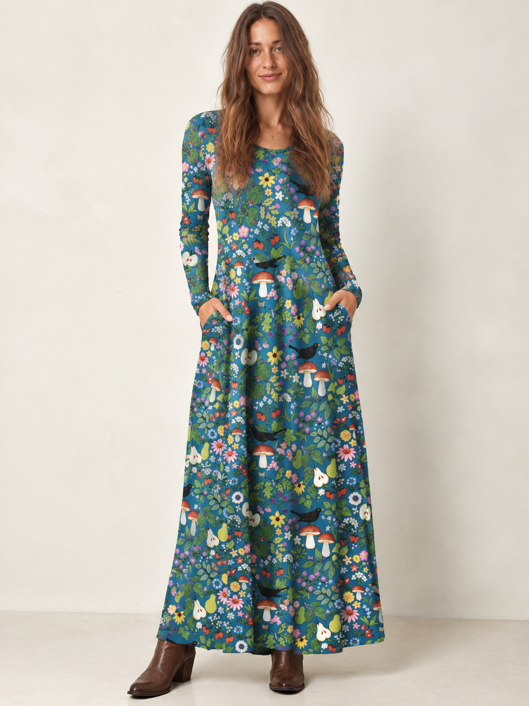 Cottagecore Mushroom & Wildflower Print Soft-Touch Stretch Knit Long Sleeve Maxi Dress with Pockets