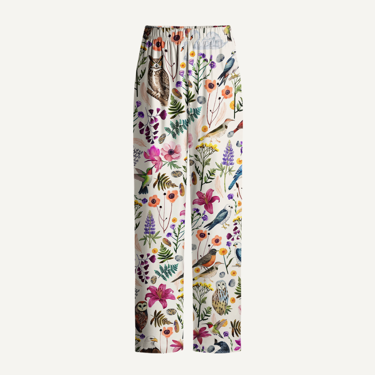 Whimsical Woodland Birds Wildflowers Print Long Pajama Set 