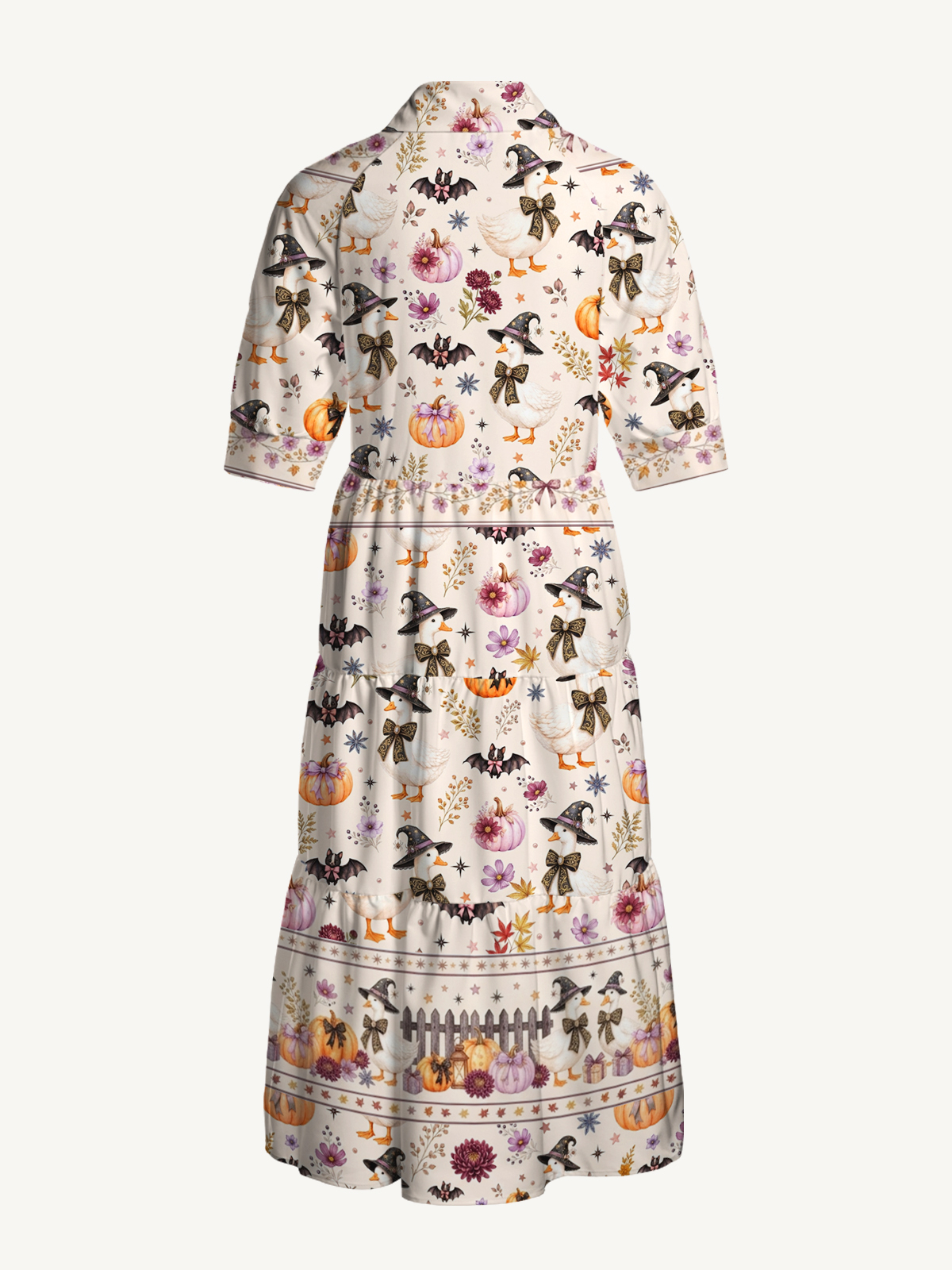 V Neck Collared Rustic Halloween Goose Print Casual Midi Dress With Pockets