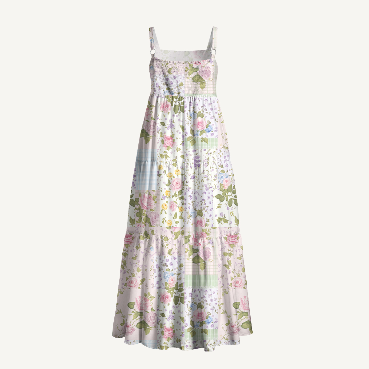 Pastel Rose Print Wide Straps Maxi Dress With Pockets