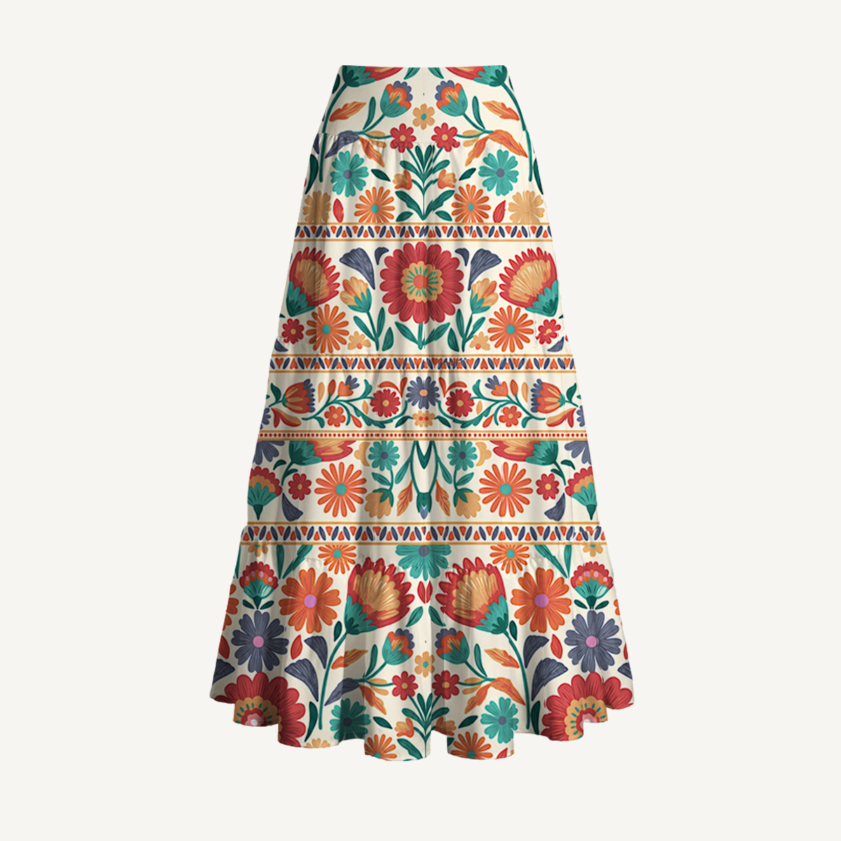 Bohemian Folk Floral Stripe Print Maxi Skirt