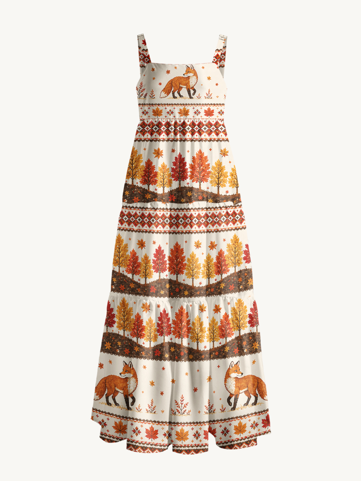 Autumn Forest Fox Print Wide Straps Maxi Dress With Pockets