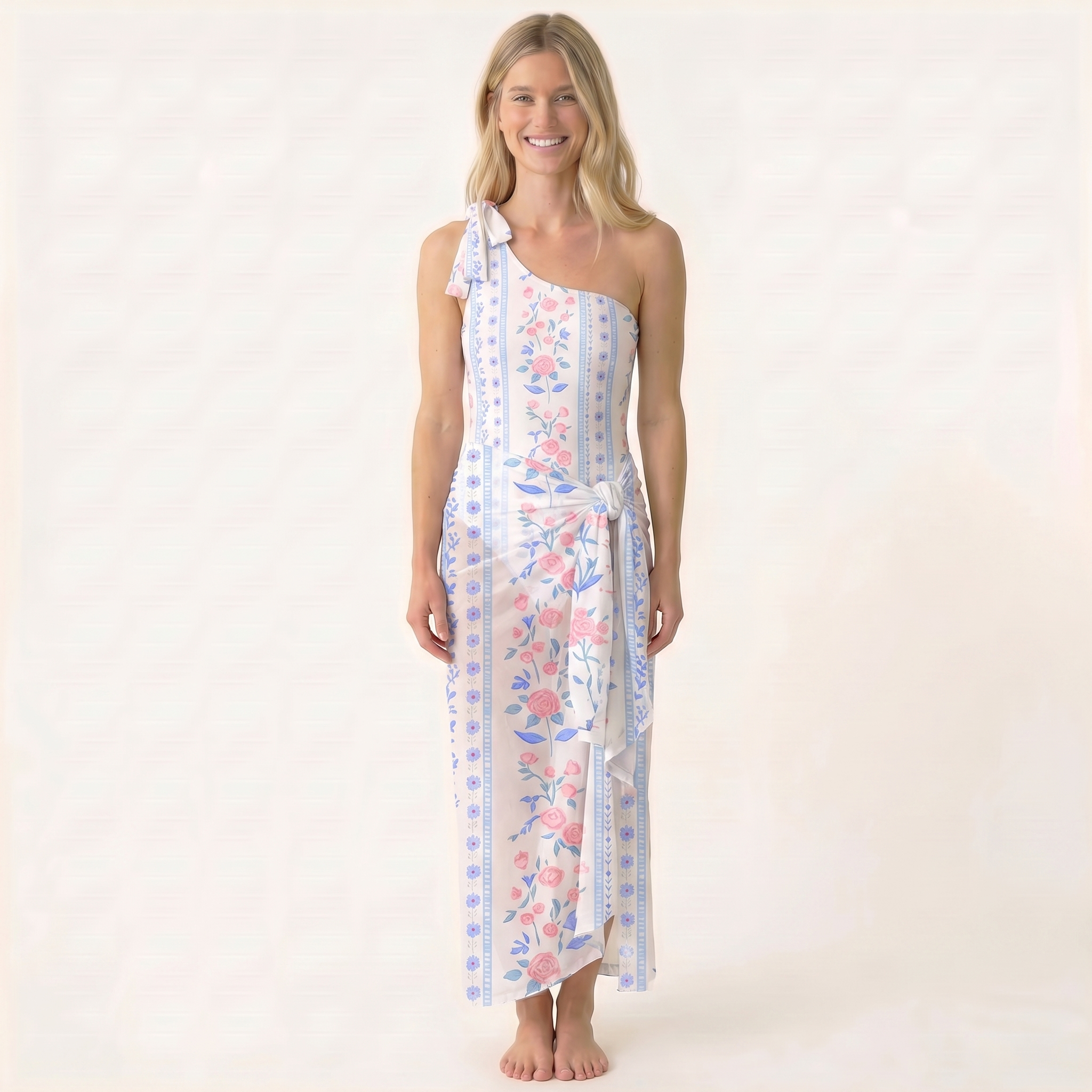 Blue Rose One Shoulder One Piece Swimsuit and Matching Sarong Set for Women