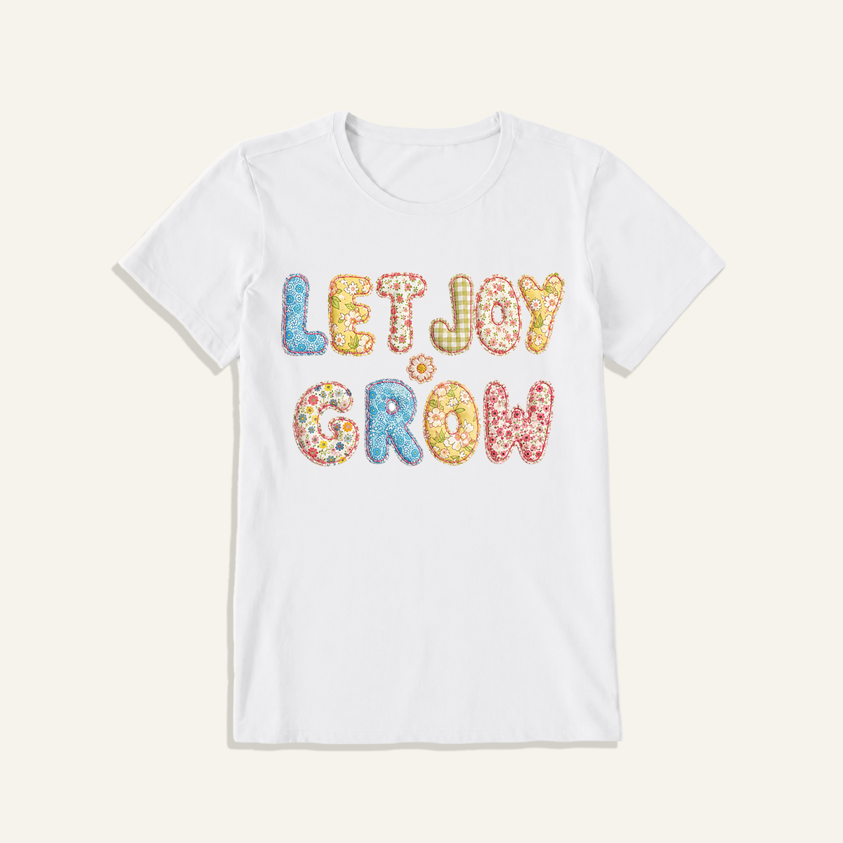 Let Joy Grow Patchwork Print Crew Neck Cotton Tee