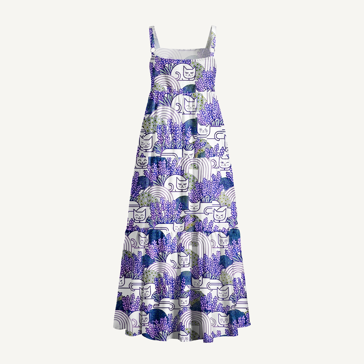 Lavender Cat Print Wide Straps Maxi Dress With Pockets