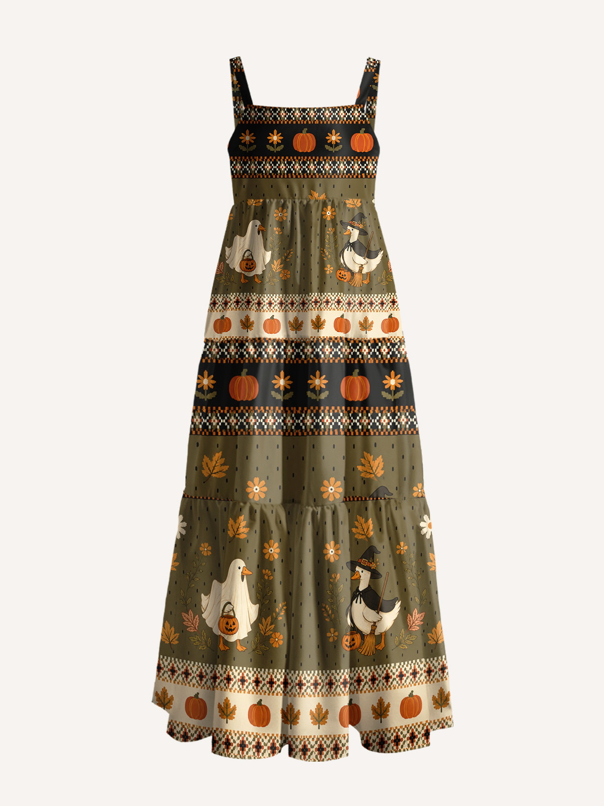 Witchy Goose Halloween Print Wide Straps Maxi Dress With Pockets