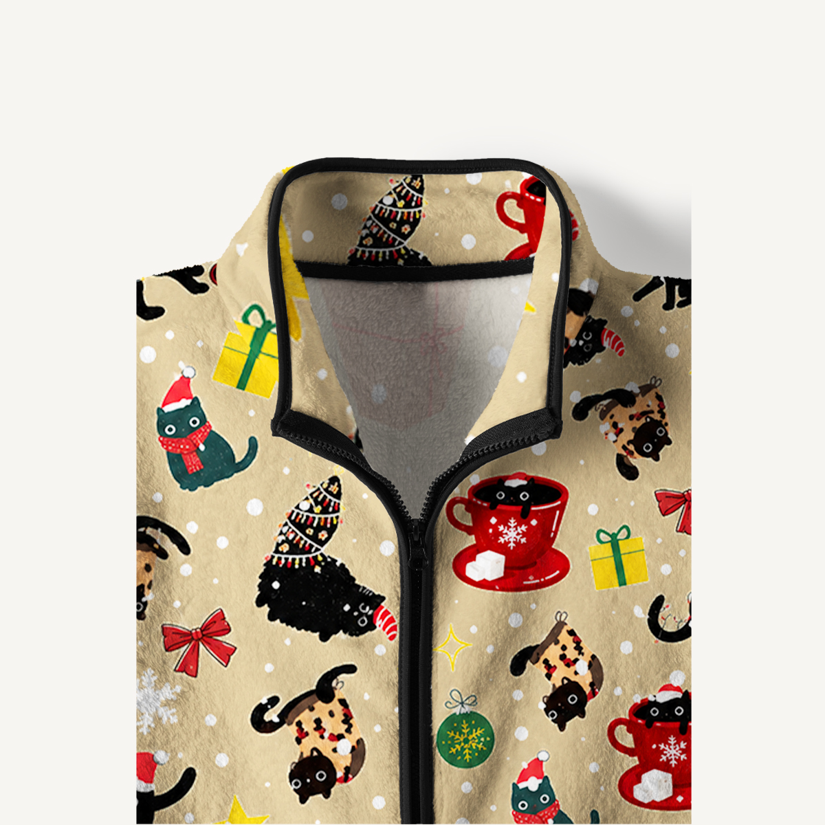 Playful Christmas Black Cats Print Fleece Jacket