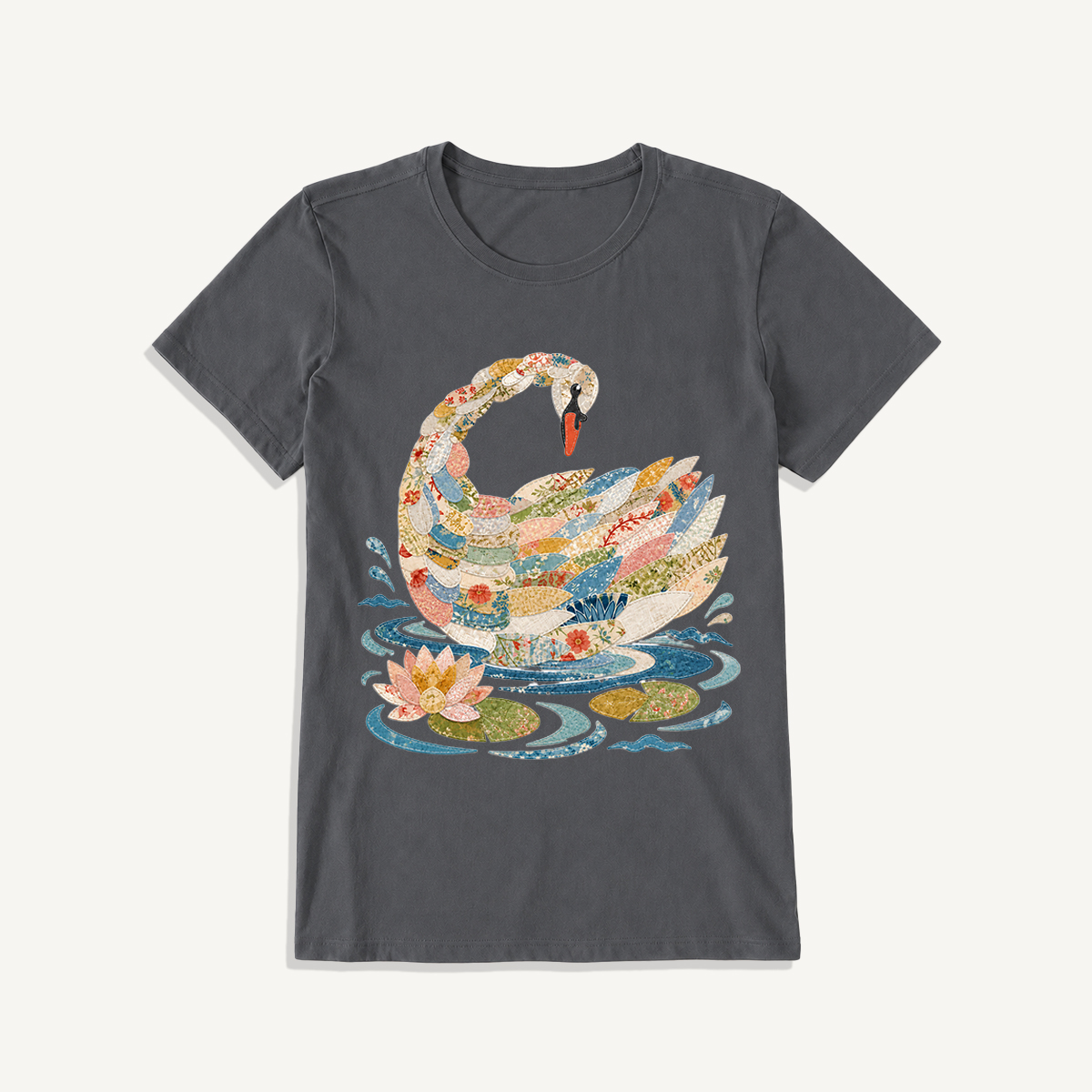 Patchwork Swan Garden Print Crew Neck Cotton Tee