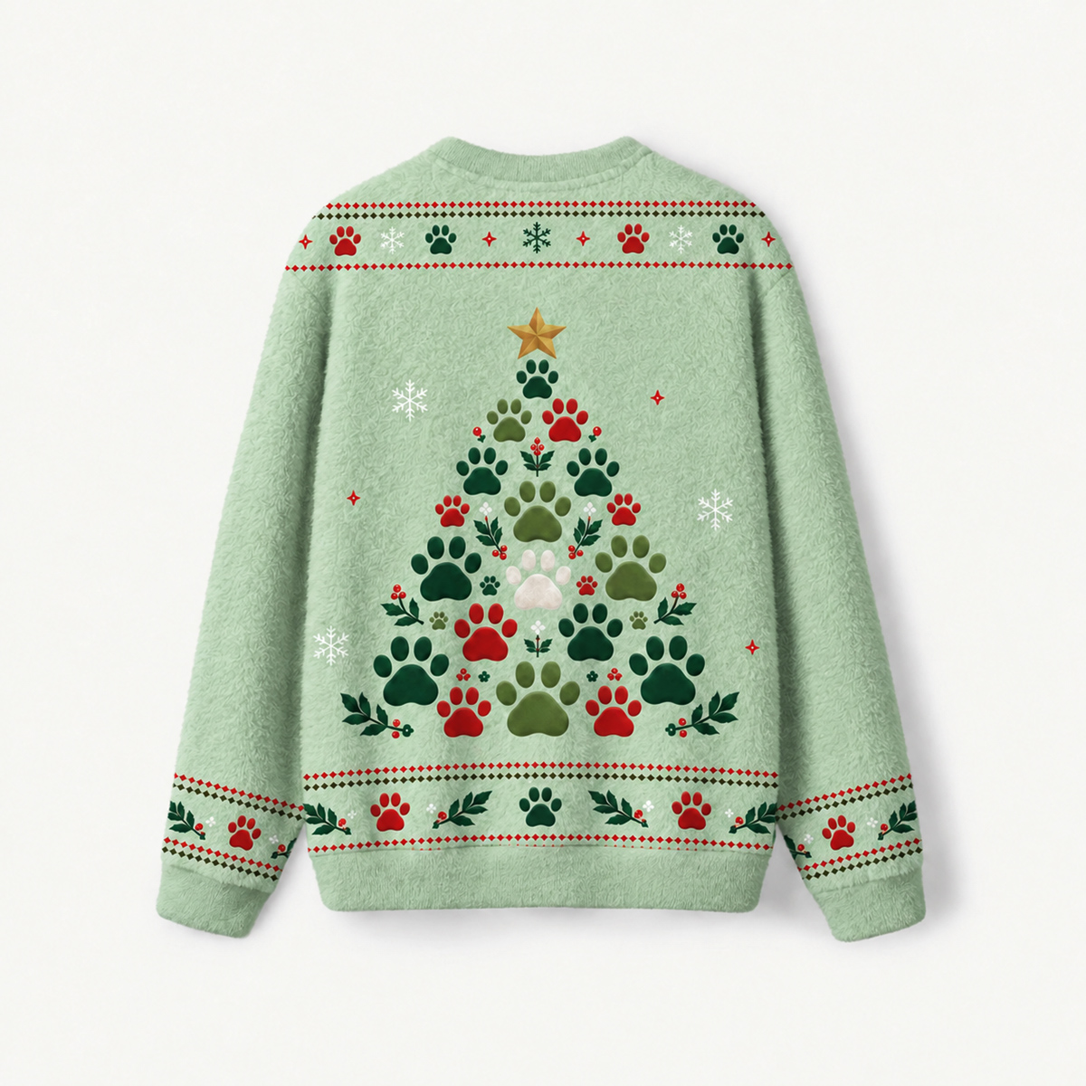 Cat Paw Print Christmas Tree Fuzzy Crewneck Sweater