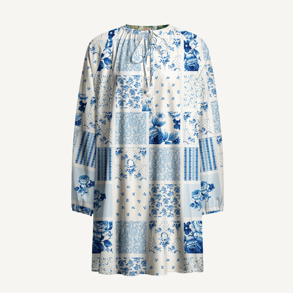 Delft Blue Floral Patchwork Print Boho Tie‑Neck Smock Mini Dress