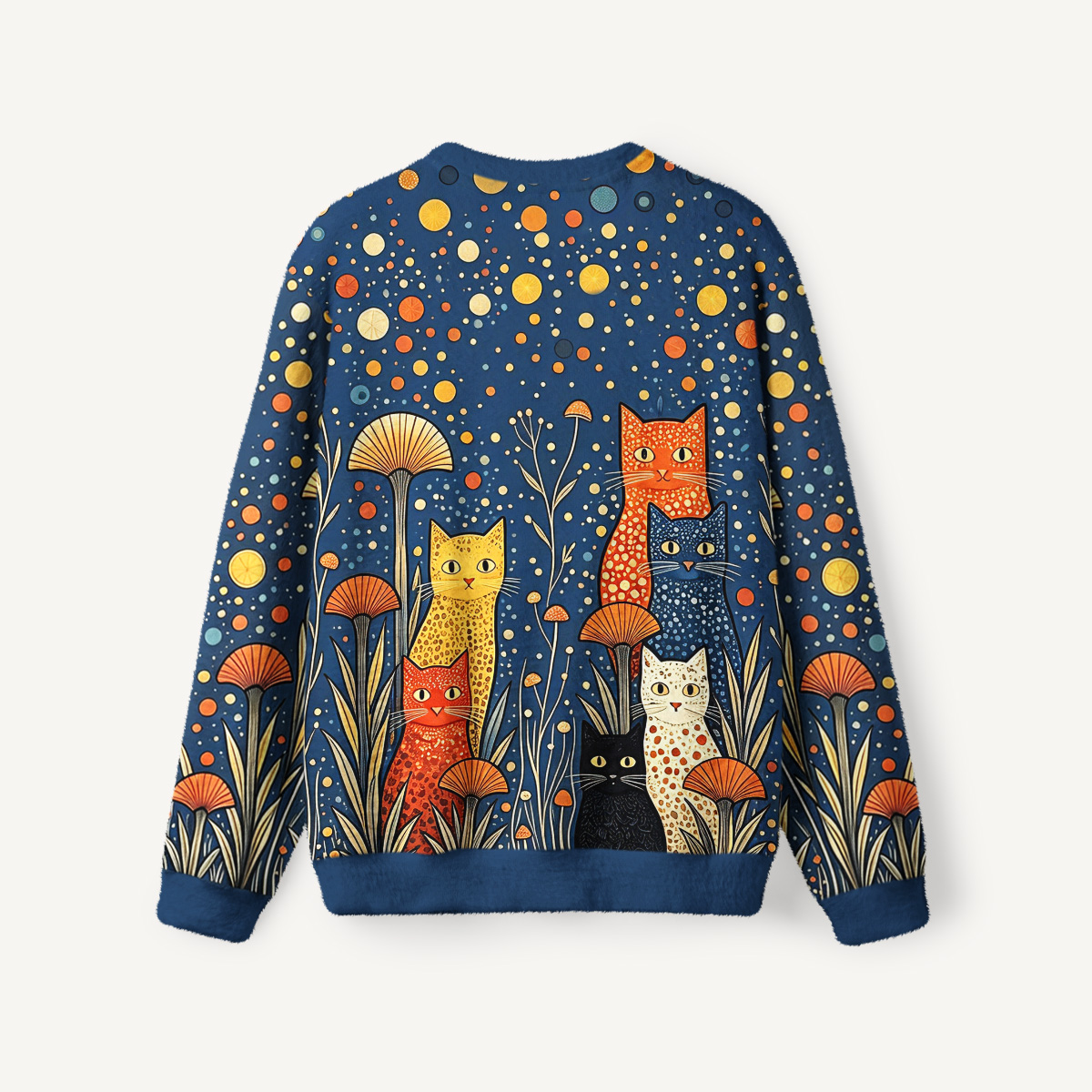 Dotty Moonlit Cats Fuzzy Crewneck Sweater