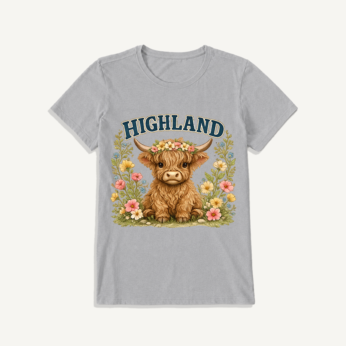 Highland Cow Wildflower Print Crew Neck Cotton Tee