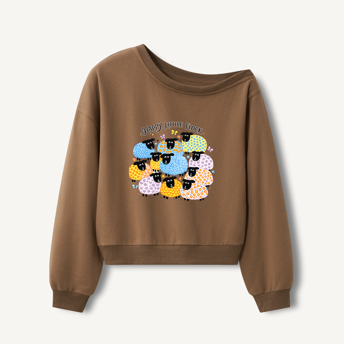 Colorful Happy Flock Print Off Shoulder Sweatshirts 