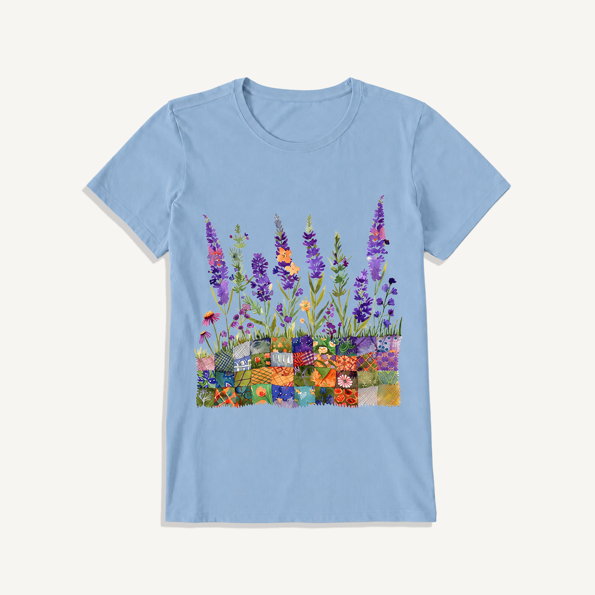 Lavender on Patchwork Meadow Print Crew Neck Cotton Tee