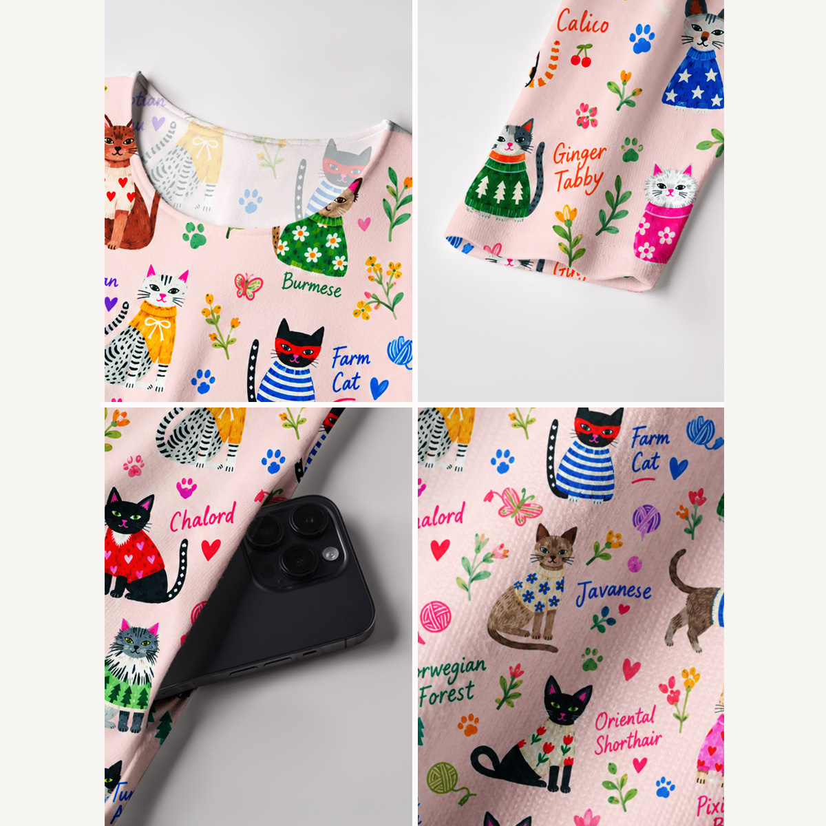 Whimsical Cat Breeds Print Soft-Touch Stretch Knit Long Sleeve Maxi Dress with Pockets
