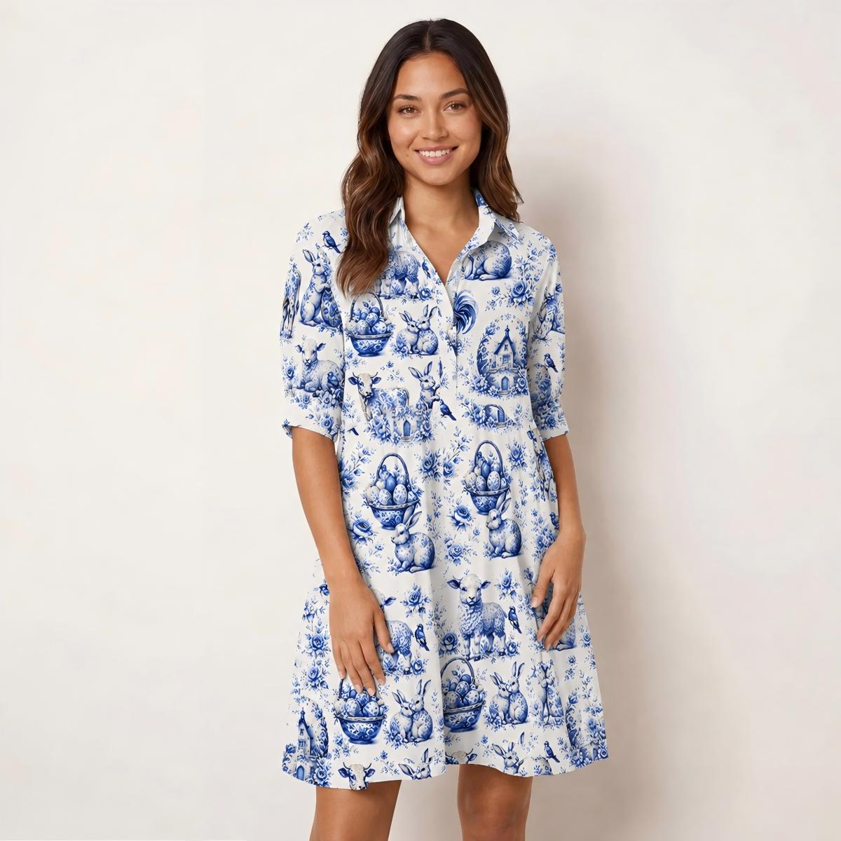 V Neck Collared  Delft Farm Mini Dress For Women With Pockets